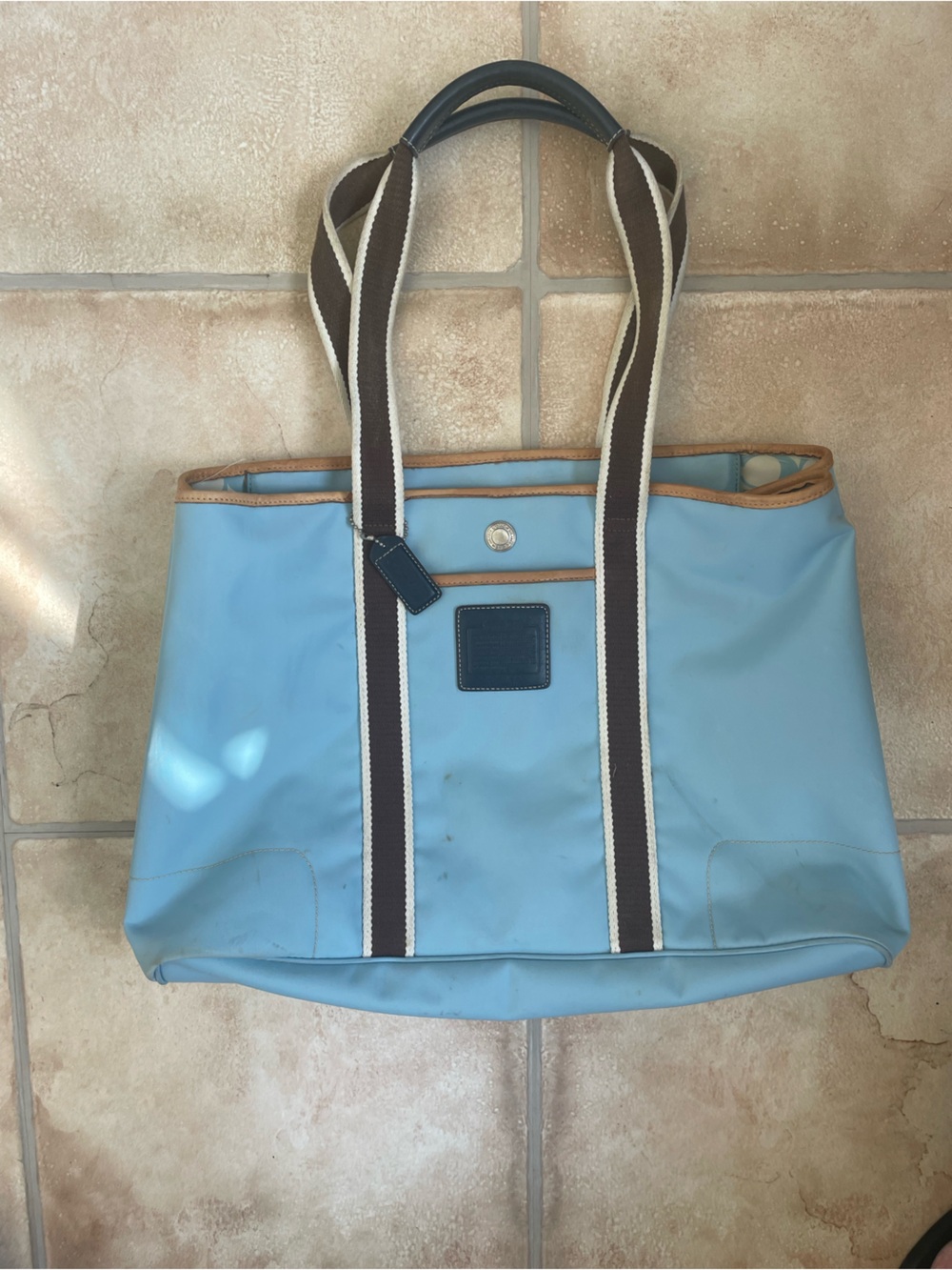Vintage blue Coach Hamptons Nylon Tote, 5071, brown white straps, logo inside